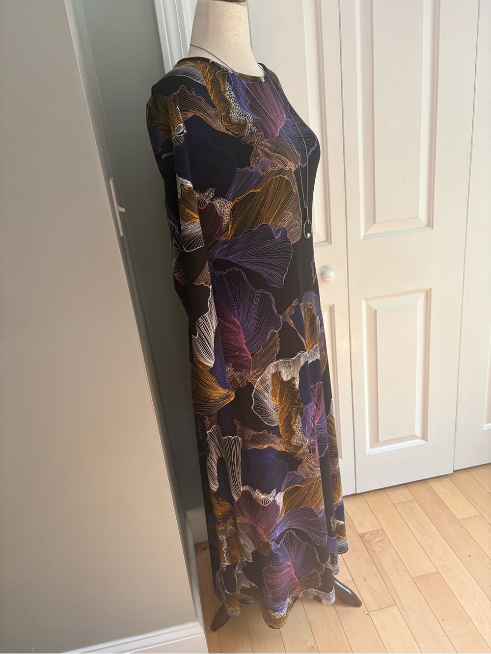 Chico's Black Long Sleeve Floral Maxi Dress with Purple & Gold Accents - Picture 4 of 10